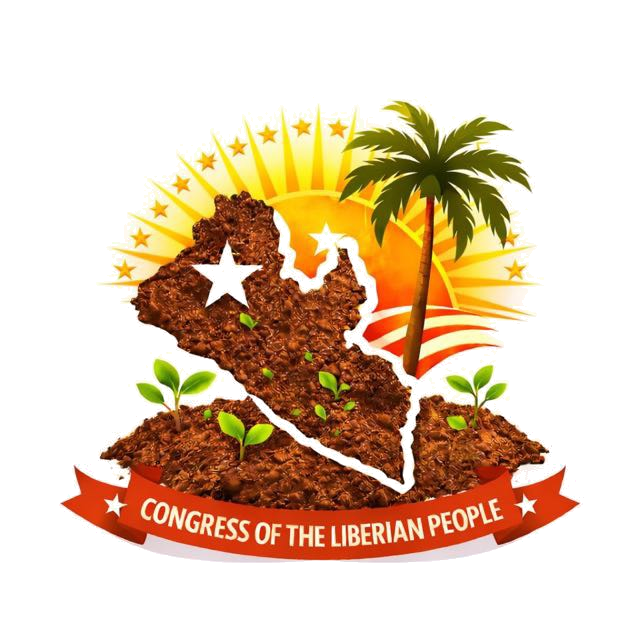 COLP emblem with the map of Liberia, seedlings, a palm tree, rising sun, and a white star